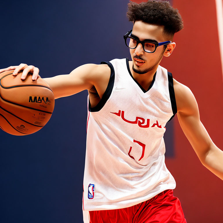 Basketball player in white and red uniform with glasses holding ball on red and blue background