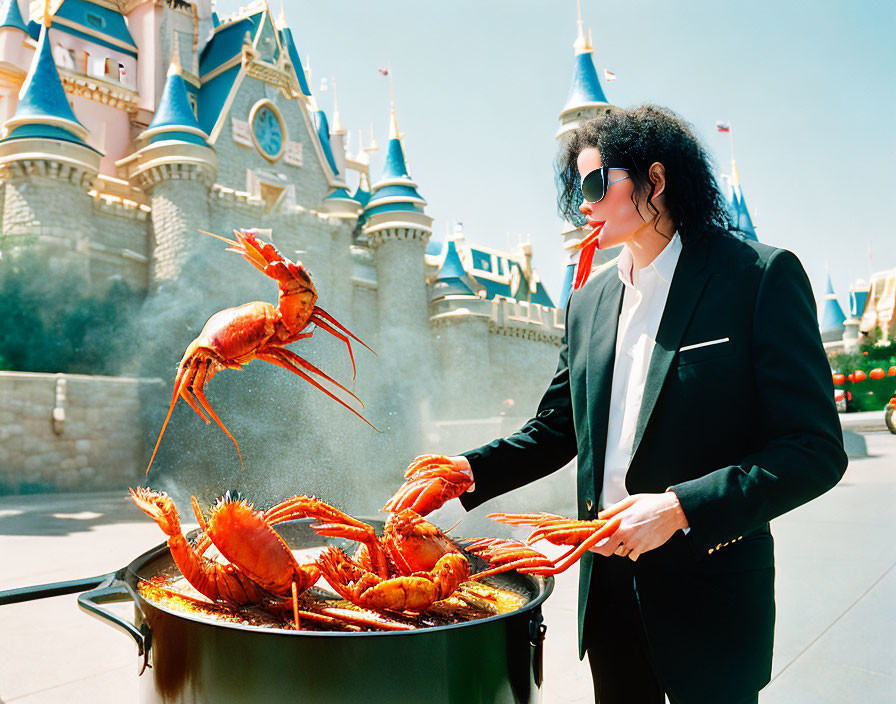 Person in Black Suit Cooking Large Lobsters Outdoors with Fairytale Castle