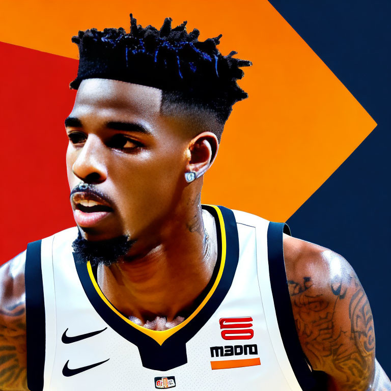 Basketball player with stylized haircut on geometric blue, red, and orange background