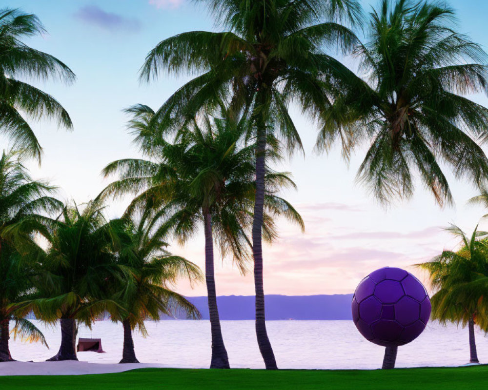 Tropical palm trees, calm sea, and purple sphere at sunset