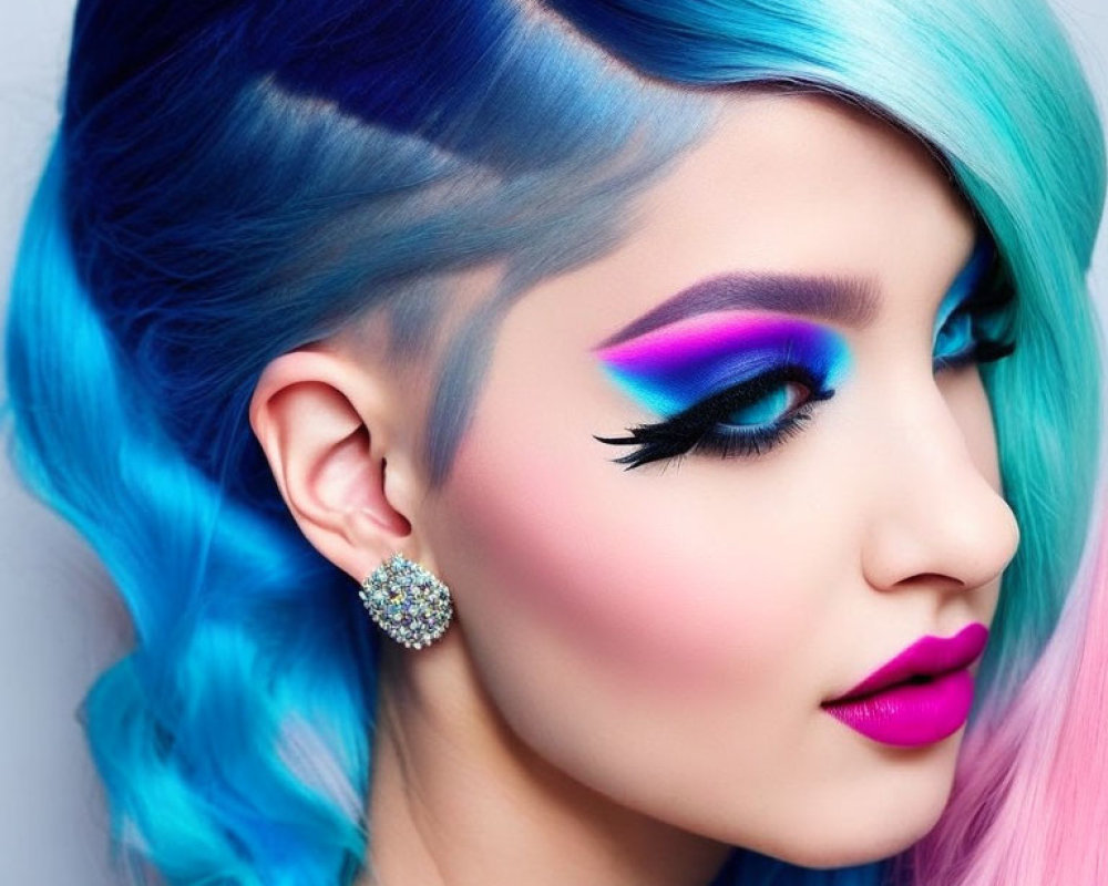 Vibrant blue hair and bold pink makeup with sparkling earring