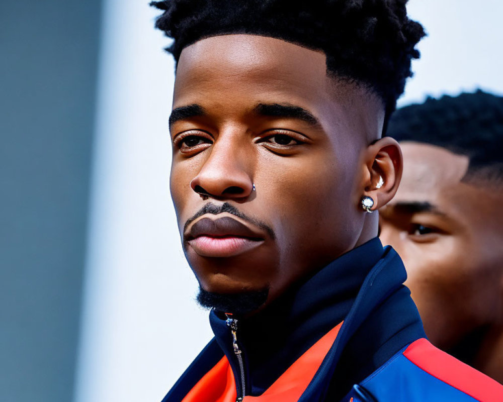 Striking high-top fade hairstyle on young man with sports jacket