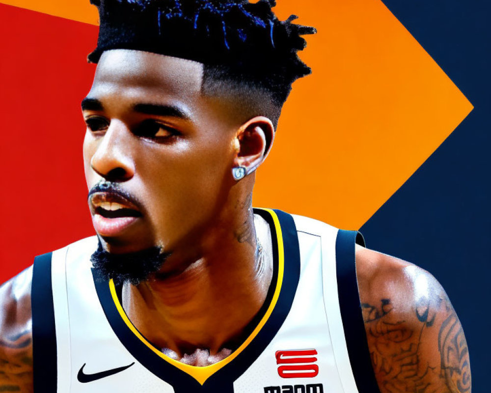 Basketball player with stylized haircut on geometric blue, red, and orange background