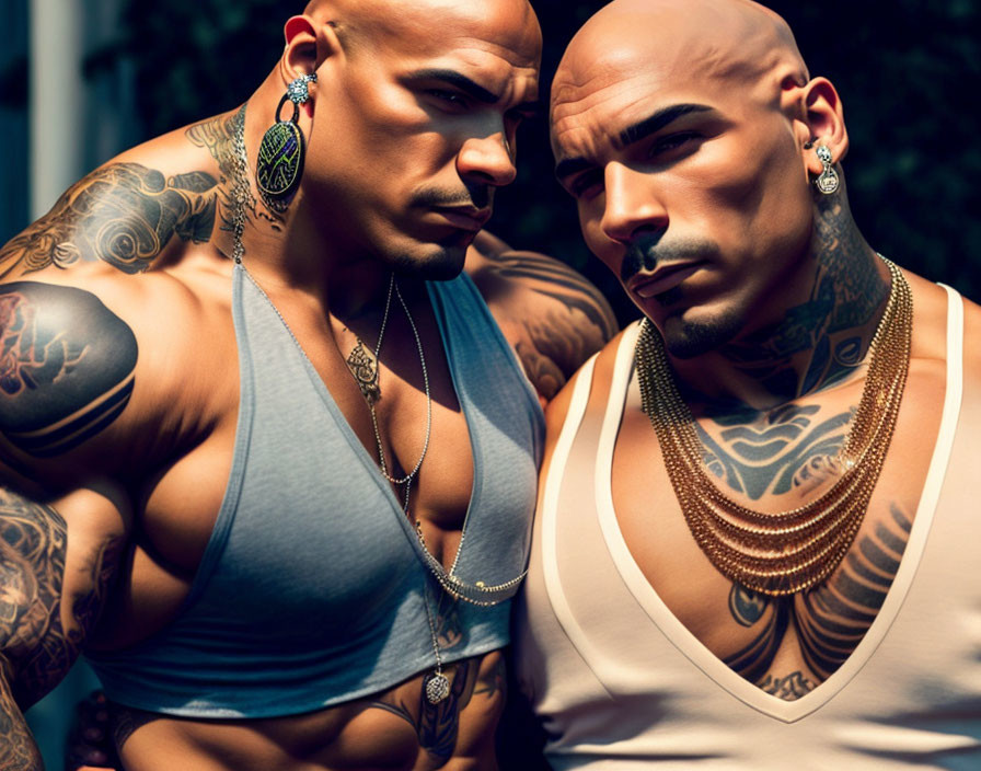 Muscular men with tattoos in gray and white tank tops pose together