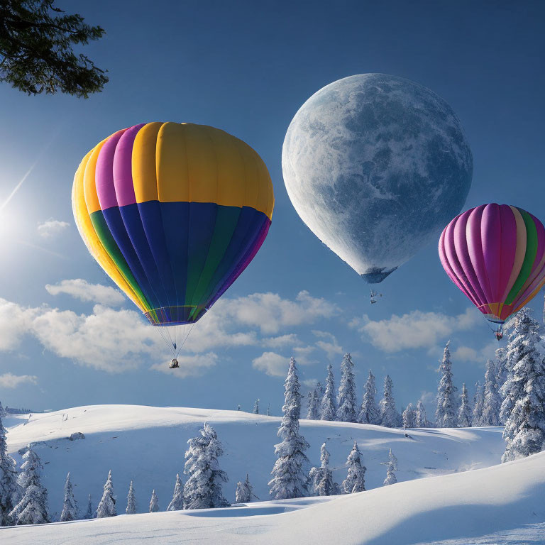 Vibrant hot air balloons over snowy landscape with moon