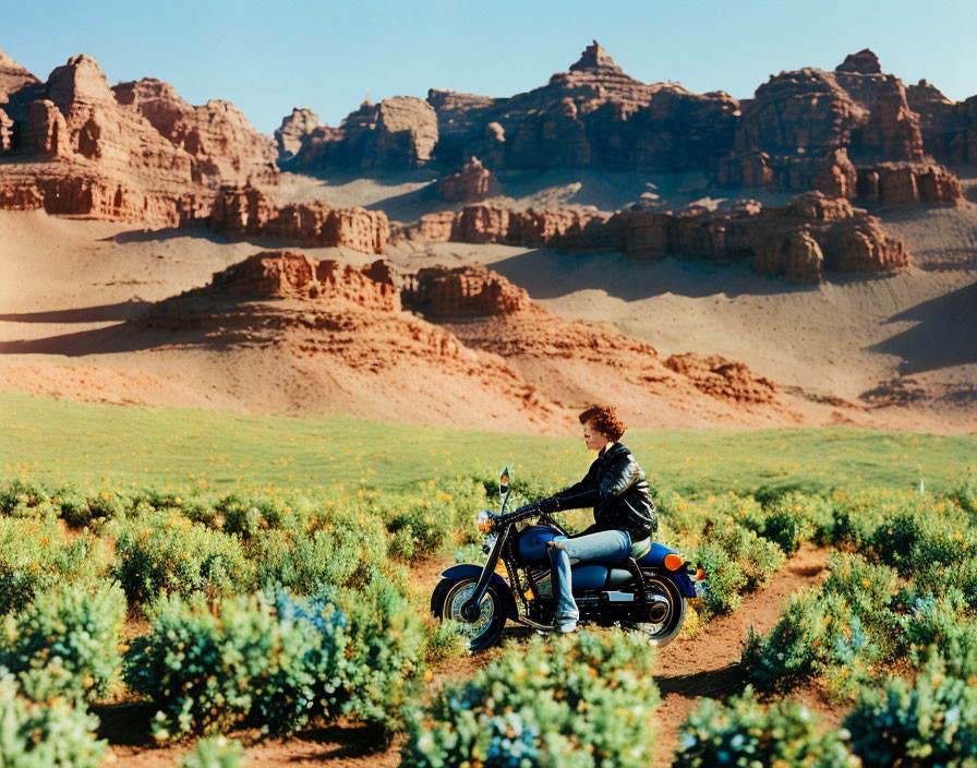 Motorcyclist in leather jacket rides on dirt path through rocky field.