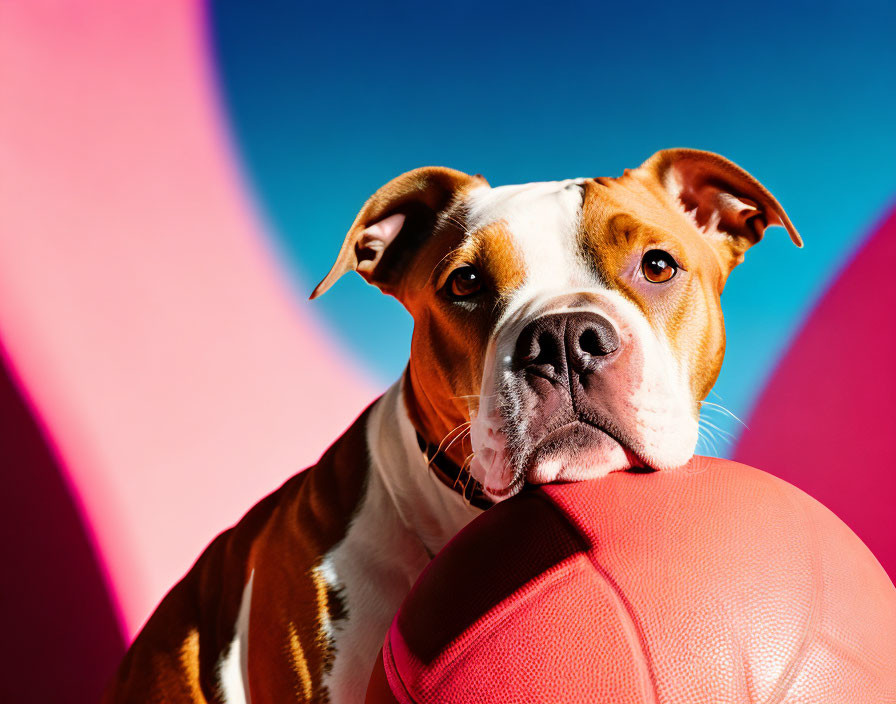 Brown and White Dog with Red Ball on Blue and Pink Background