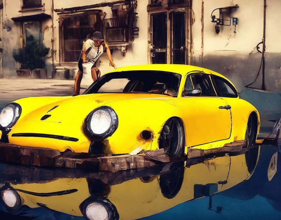 Person crouching on yellow vintage car in floodwaters near dilapidated buildings