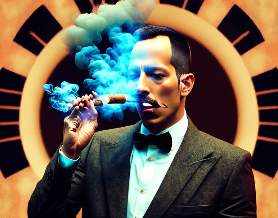 Man in suit exhaling blue smoke with cigar, geometric pattern background