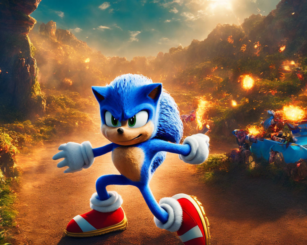 Serious blue animated hedgehog running in fantastical landscape