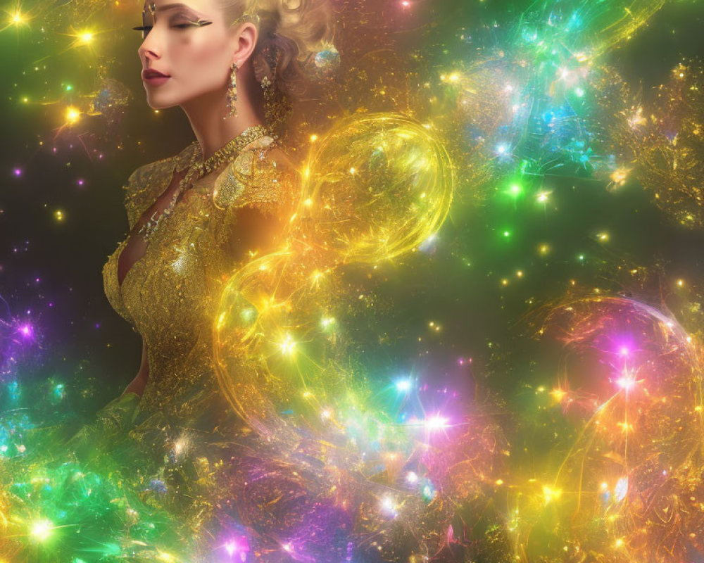 Elaborate Hairstyle and Golden Attire in Sparkling Cosmos