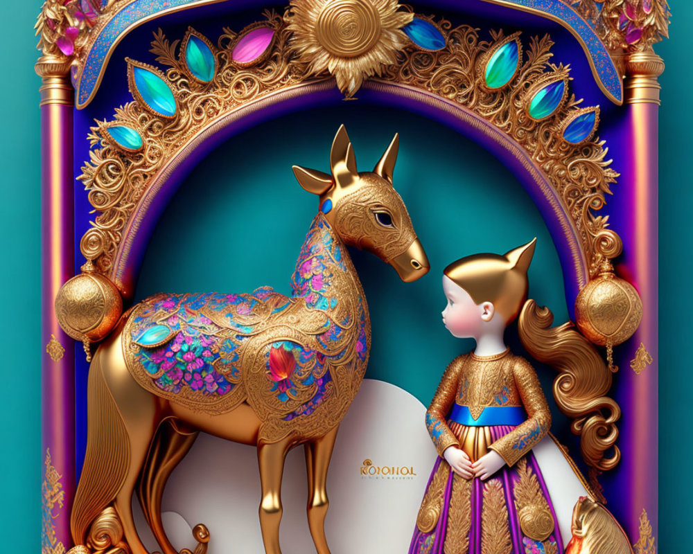 Golden dress girl meets majestic deer with ornate antlers under decorative arch