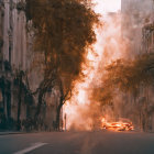 Surreal street scene with mist, people, and fire under trees