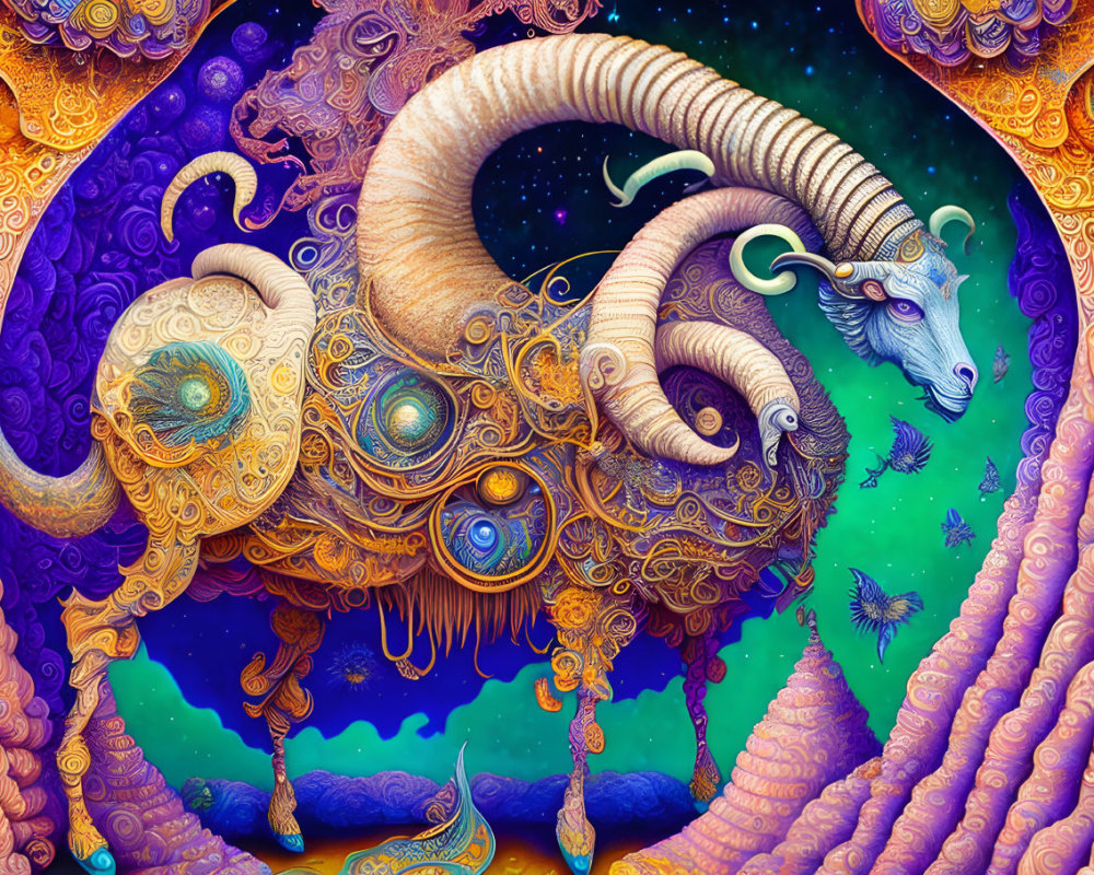 Colorful Psychedelic Ram Art with Celestial Motifs