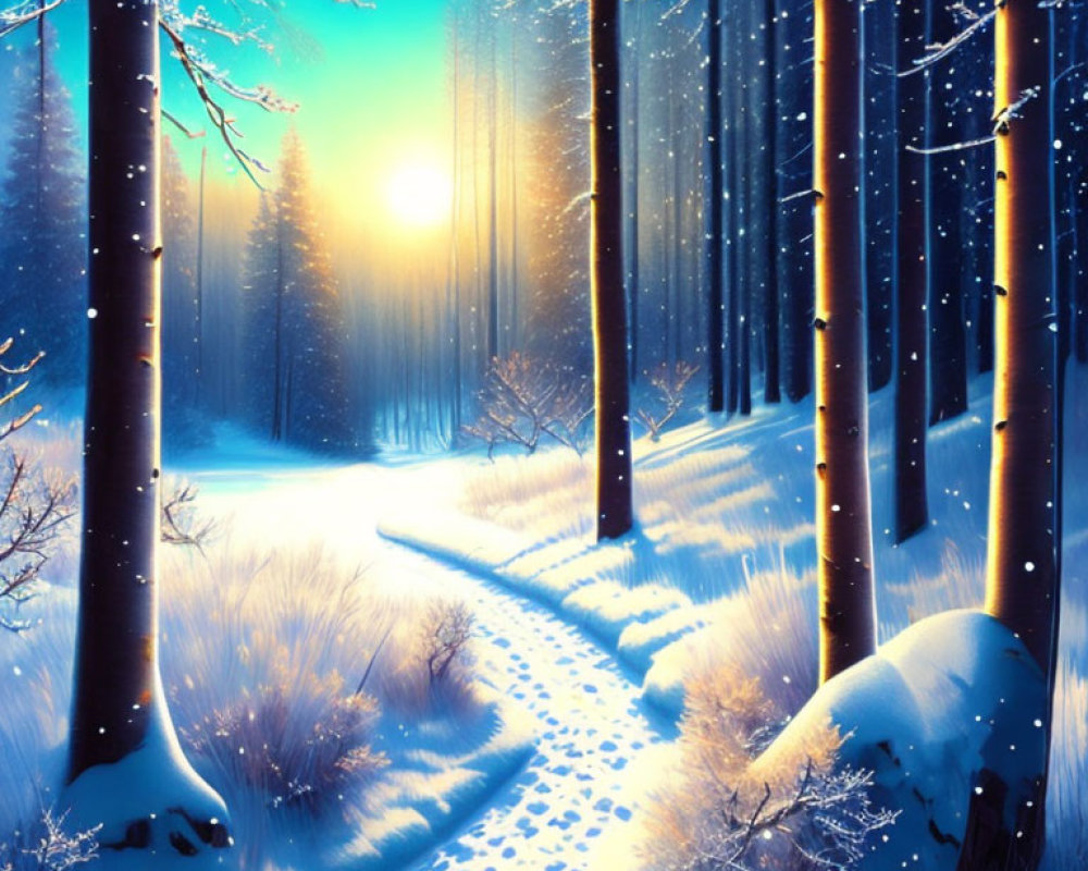 Snow-covered winter forest with pine trees, path, and glowing sunrise or sunset