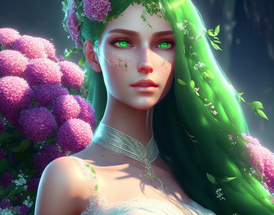 Digital artwork: Woman with green hair and eyes, adorned with flowers, set against lush pink floral backdrop