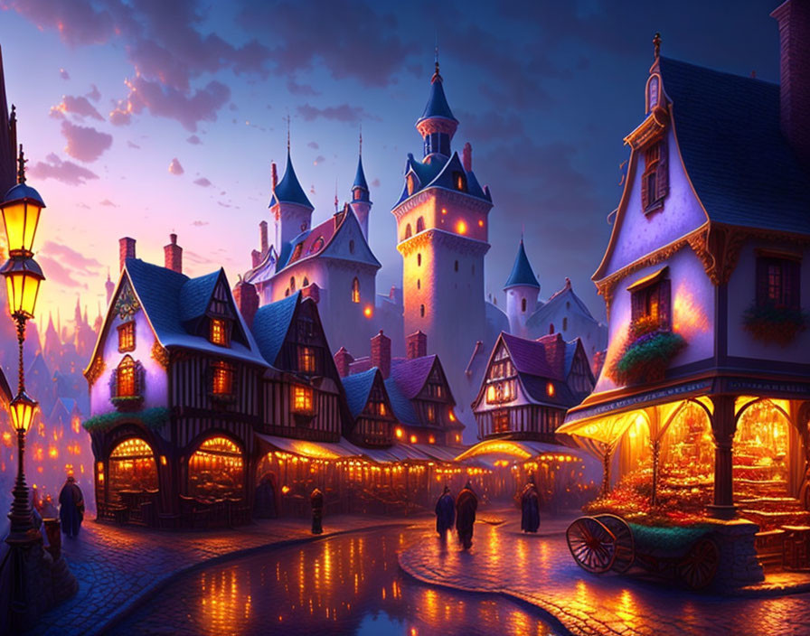 Enchanting twilight scene with castle, lantern-lit streets, charming houses in fairy-tale village