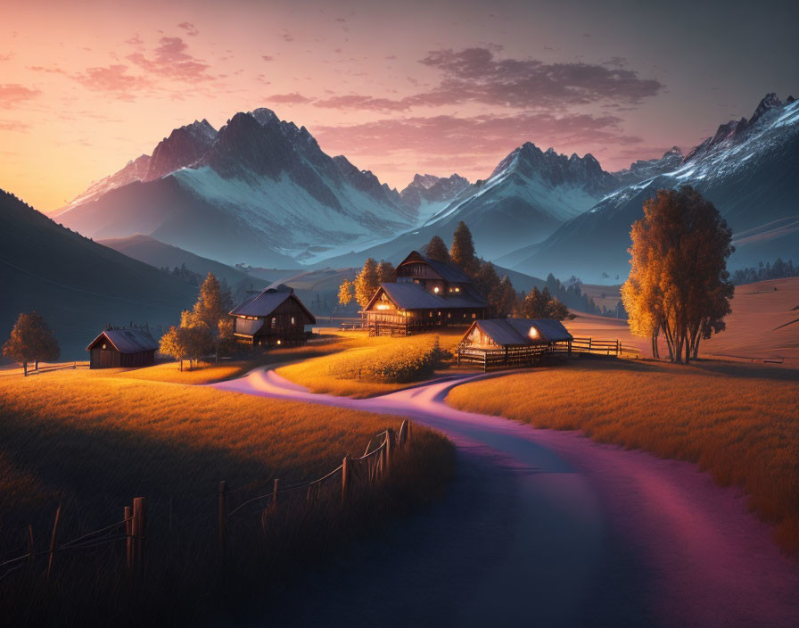 Tranquil dusk landscape with cabins, winding path, fields, mountains