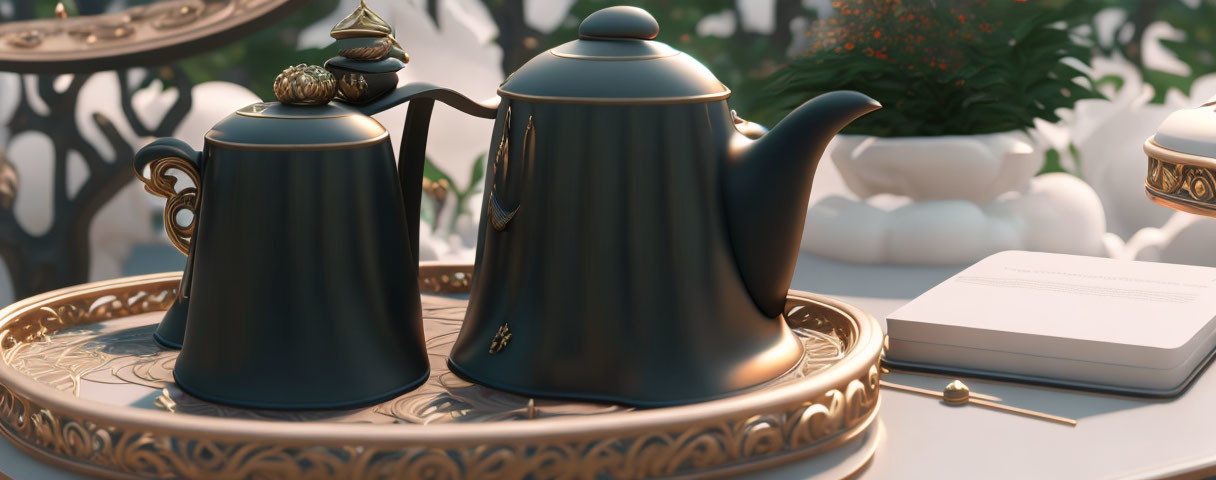 Tranquil tea setup with dark teapot, cup, book, and pen on golden tray