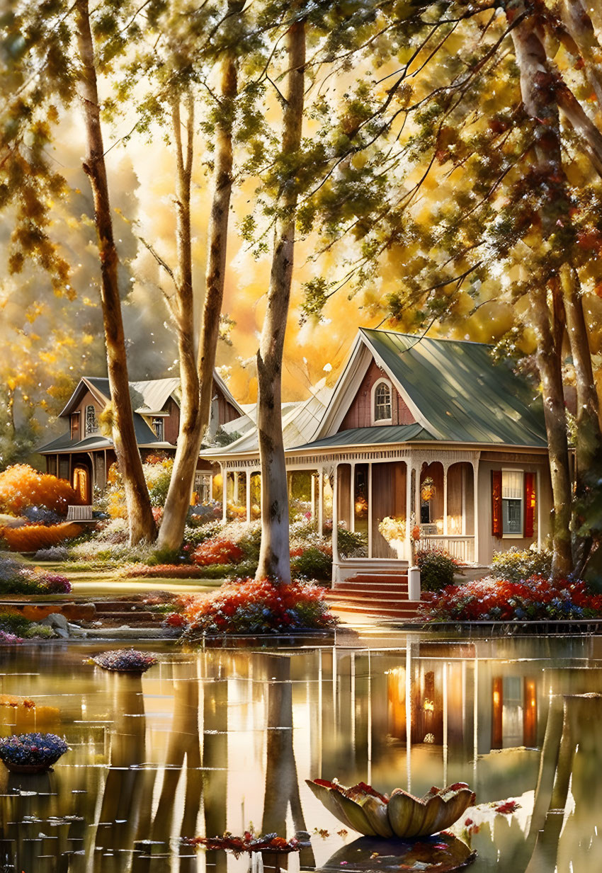 Tranquil autumn landscape with pond, colorful trees, sunlight, and cozy cottage.