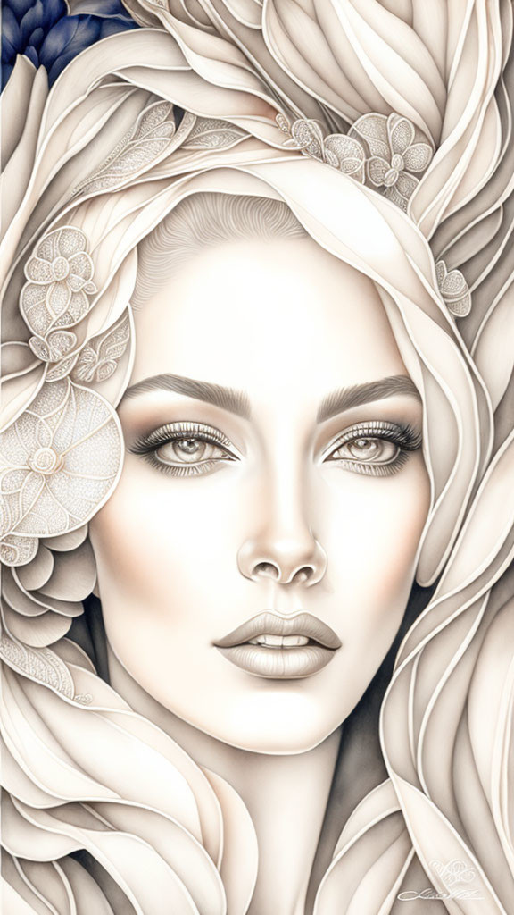 Detailed Monochrome Portrait with Floral Patterns and Subtle Blue Hues