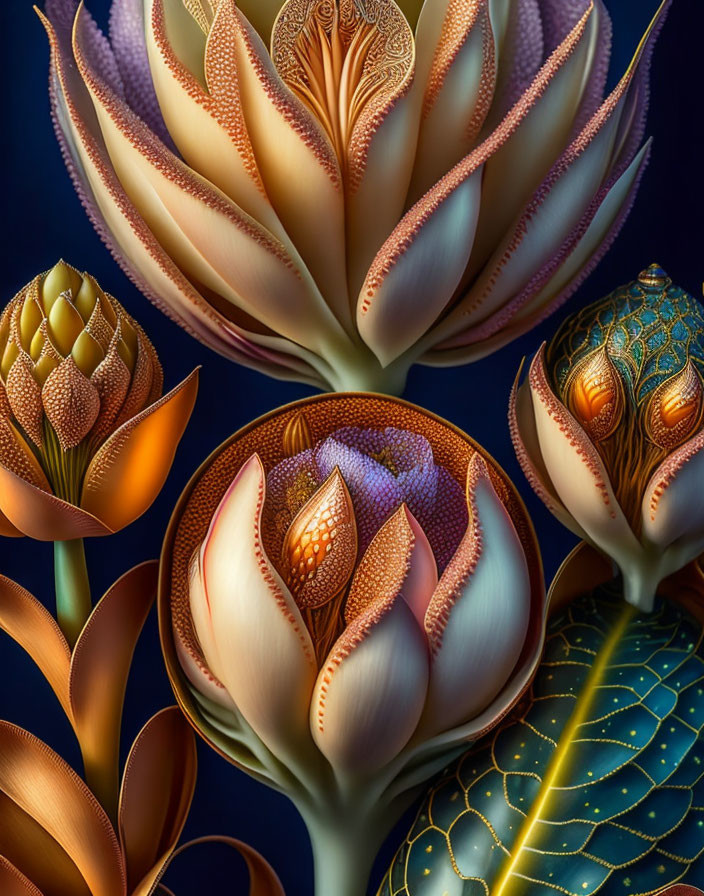 Four stylized metallic flowers with intricate patterns on dark background