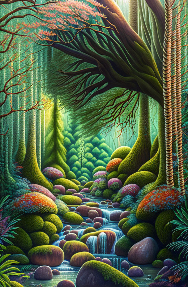 Lush, colorful forest scene with stream and smooth stones