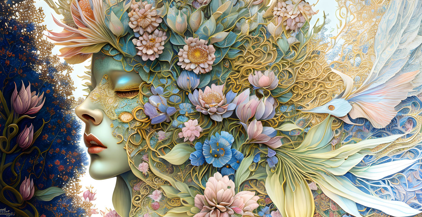 Detailed surreal portrait of female figure with floral headpiece in art-nouveau and fantasy styles.