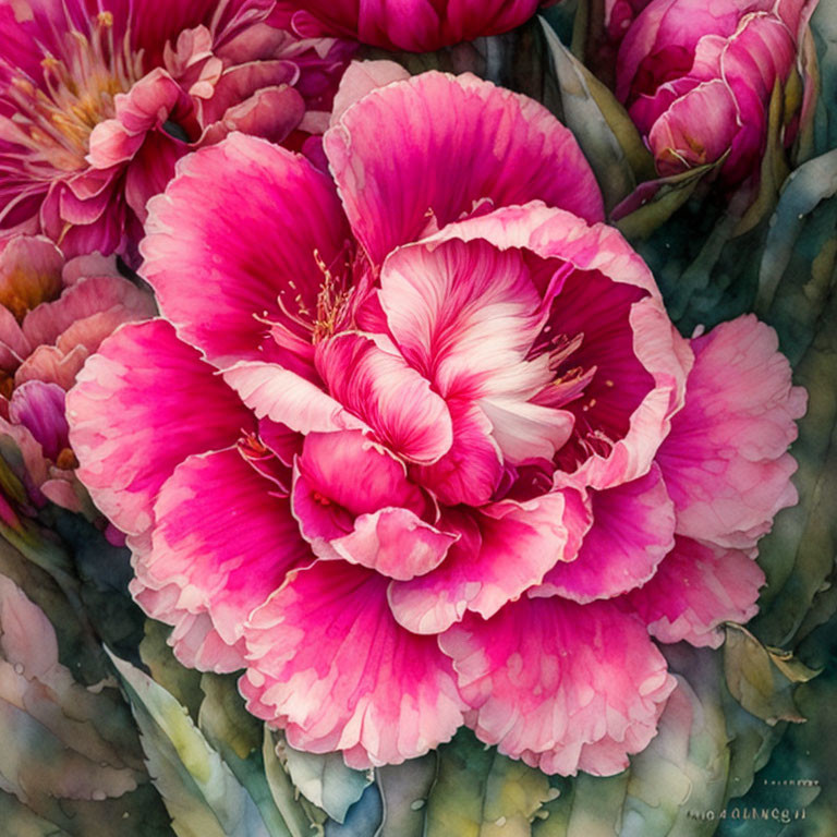 Vibrant Pink and White Variegated Flower Among Pink Blooms and Greenery