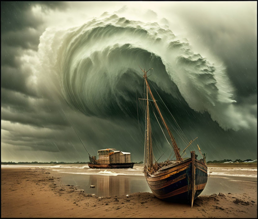 Enormous wave crashing on beach with stormy skies and beached boats