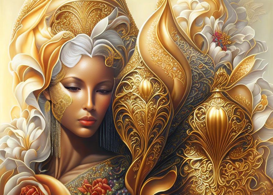 Digital artwork: Woman in golden attire with floral patterns