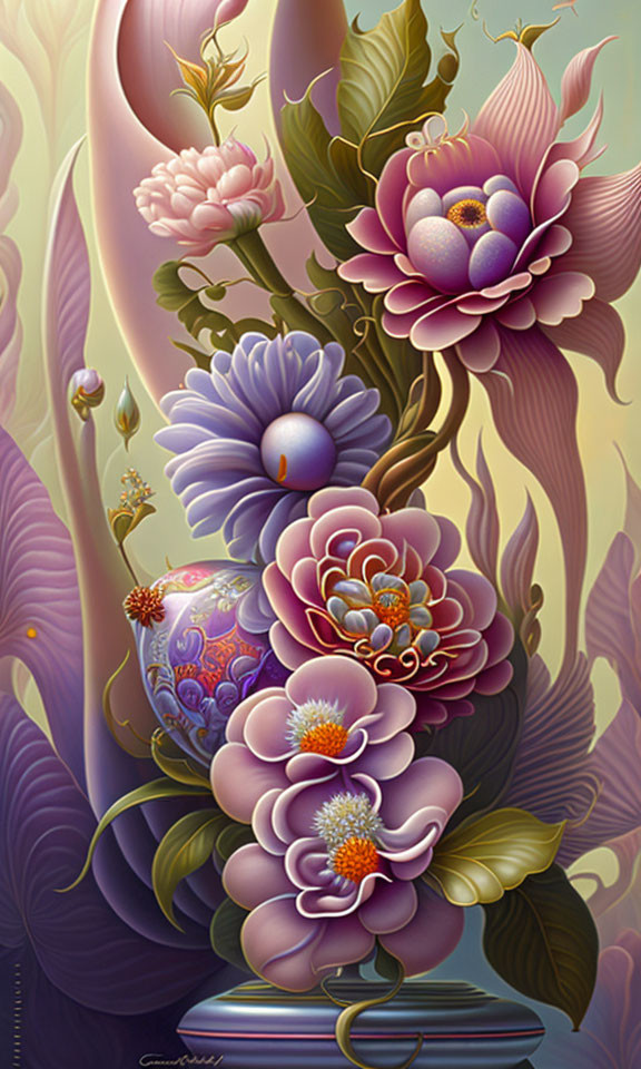 Surreal bouquet with stylized flowers and ornate vase in vibrant colors