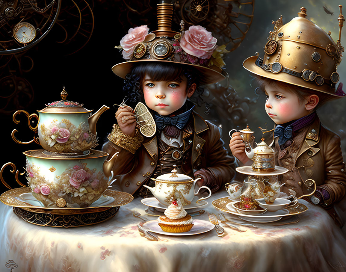 Children in Victorian Steampunk Outfits Enjoy Tea Party