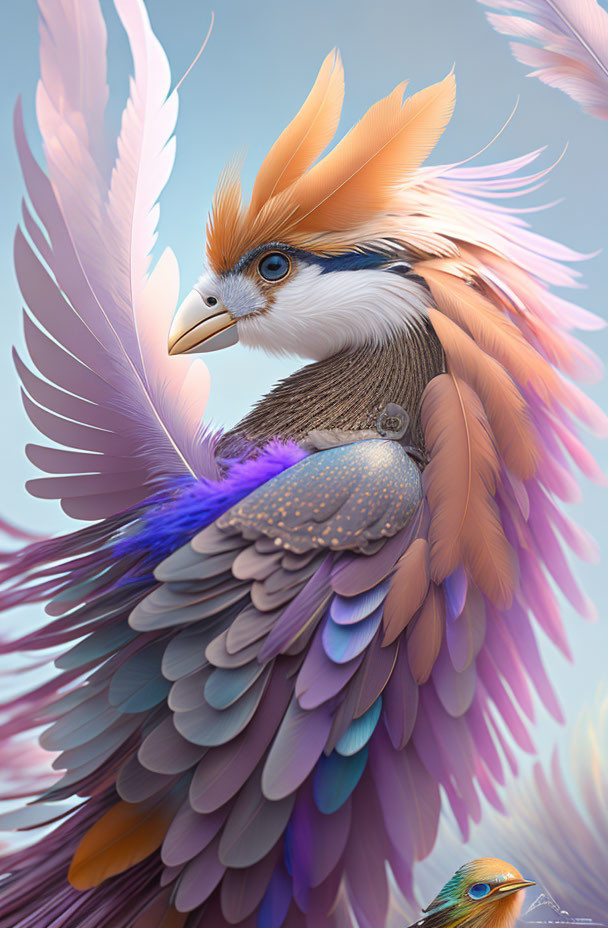 Colorful feathered creature blending bird and human features with a serene expression