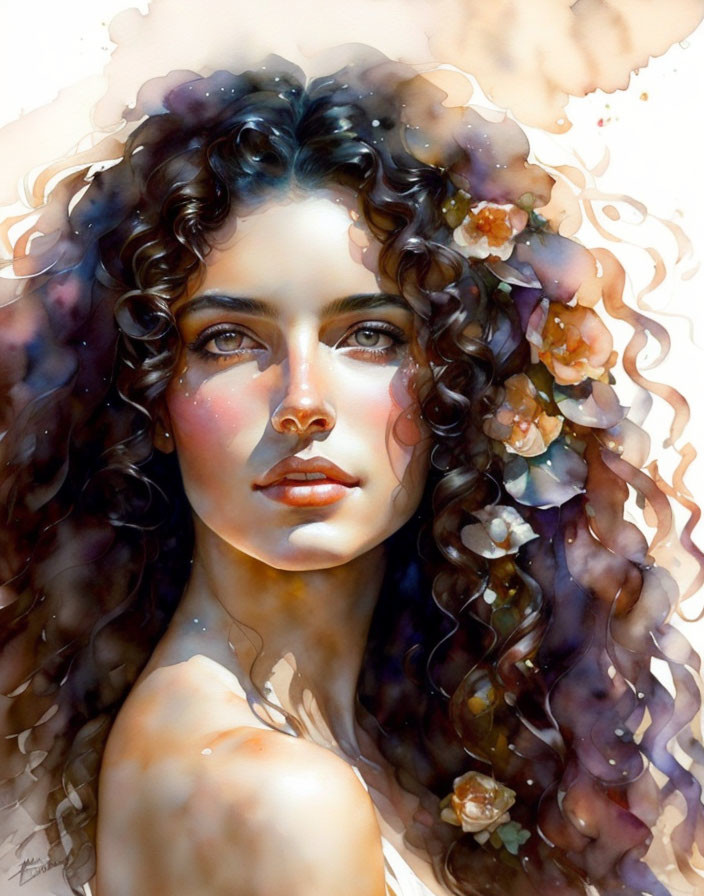 Woman with Curly Hair and Flowers in Watercolor Portrait