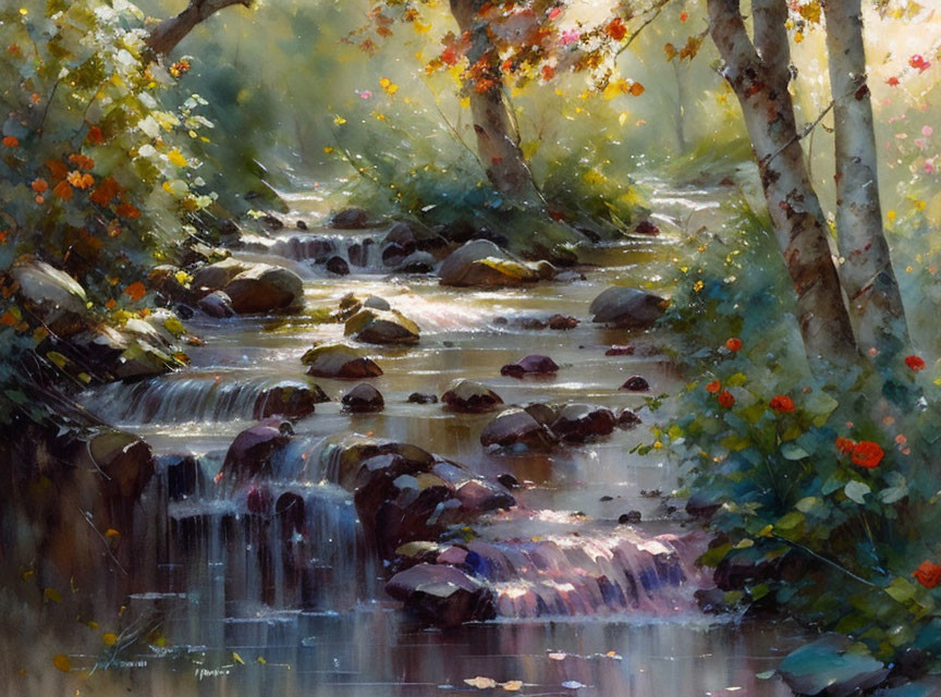 Tranquil forest stream with sunlight, rocks, water cascades, and autumn foliage