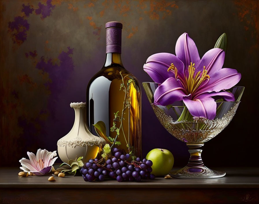 Still life composition featuring wine bottle, grapes, apple, nuts, crystal bowl, lilies, and