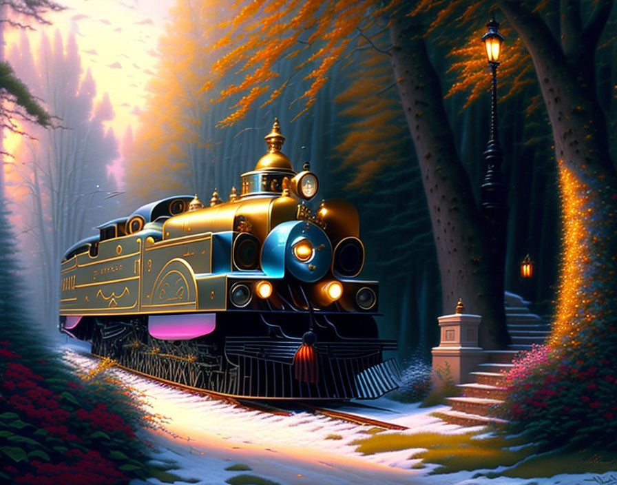 Vintage train with lights in enchanting forest at twilight