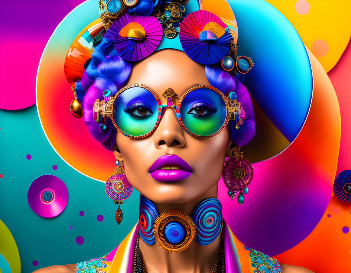 Colorful digital artwork: Woman with multicolored makeup and blue hair on psychedelic background