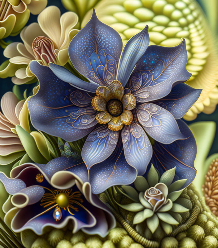 Detailed digital illustration: Blue flower with gold accents & intricate patterns