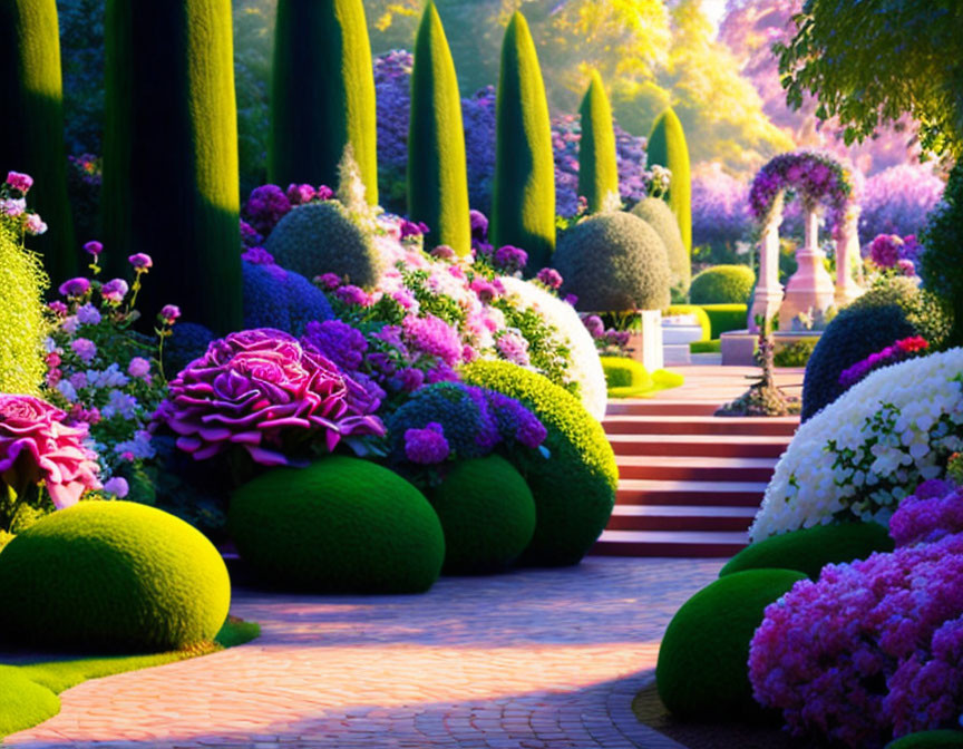 Vibrant topiaries and colorful flowers in a lush garden path