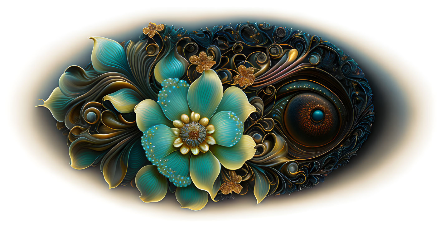 Detailed digital artwork: Stylized bloom-centric composition with ornate patterns in blues, golds,