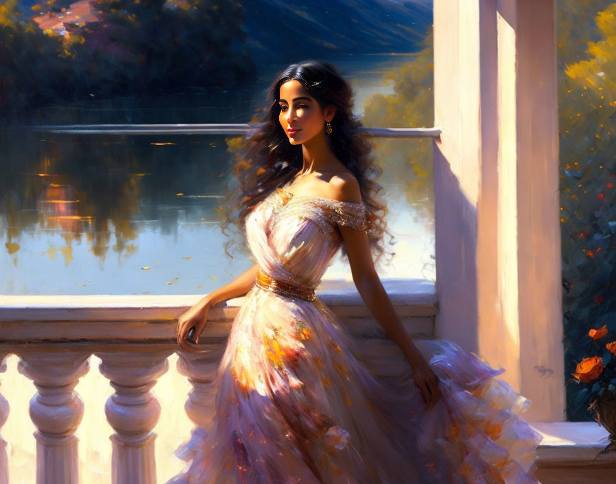 Woman in floral gown by balustrade overlooking serene water body in warm sunlight