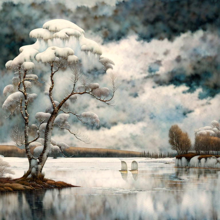 Snow-covered tree on island in calm lake with misty forest and canoes