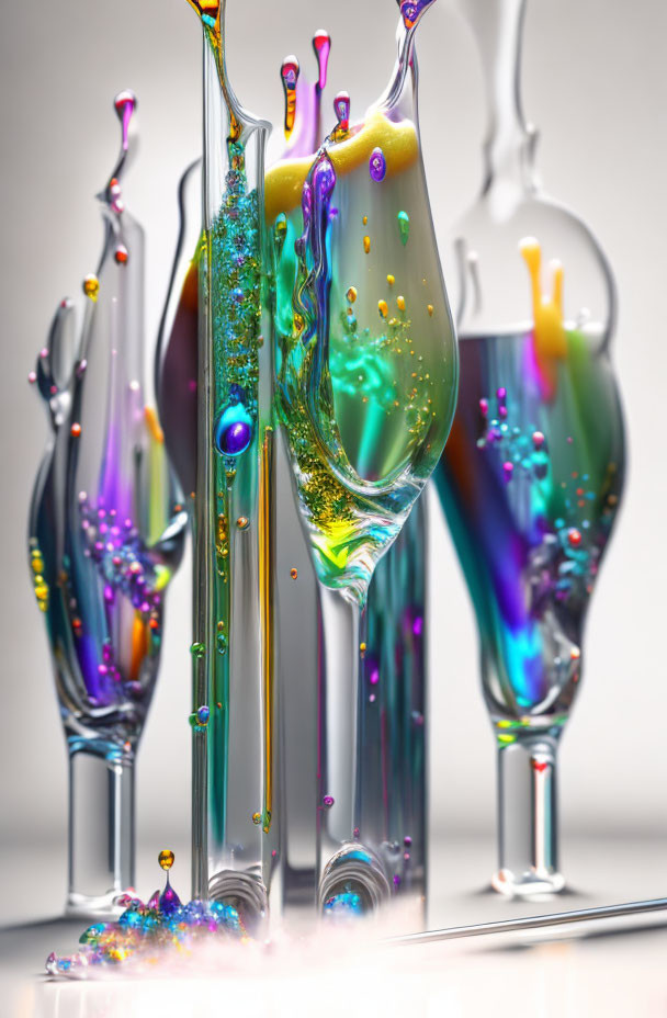 Vibrant liquid splashes from symmetrical glasses on light background