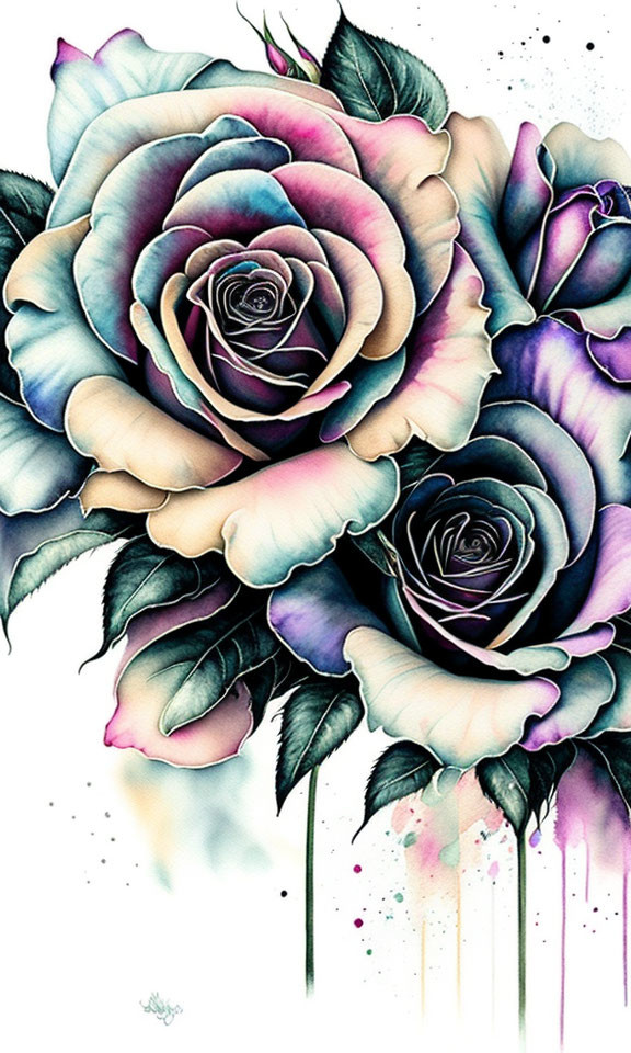 Vibrant rose illustration with purple to pink gradient and watercolor effect