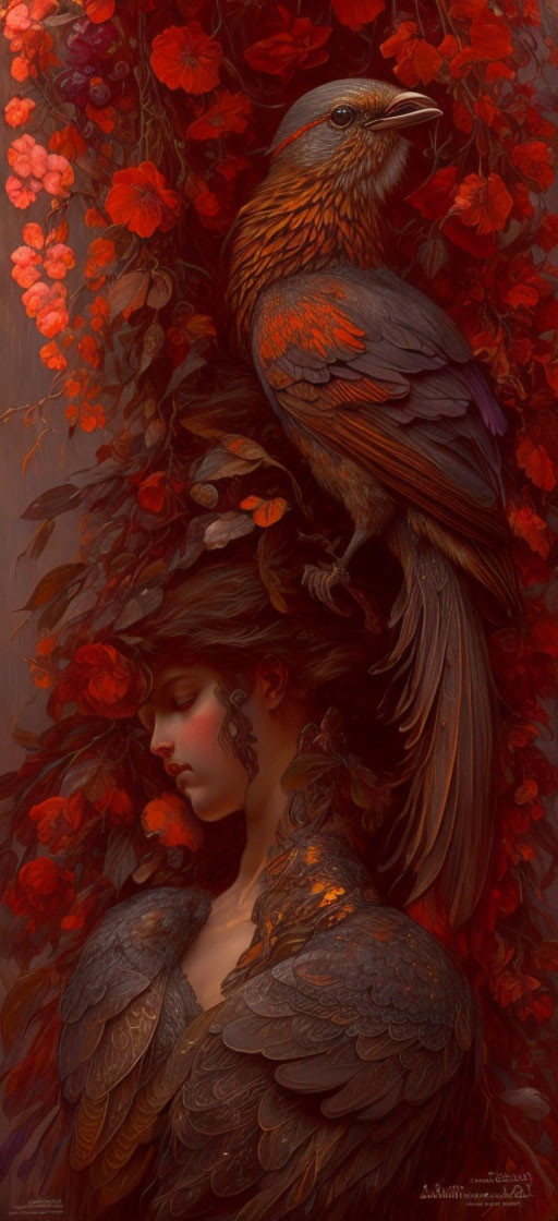 Avian-themed woman with bird perched on shoulder among red flowers