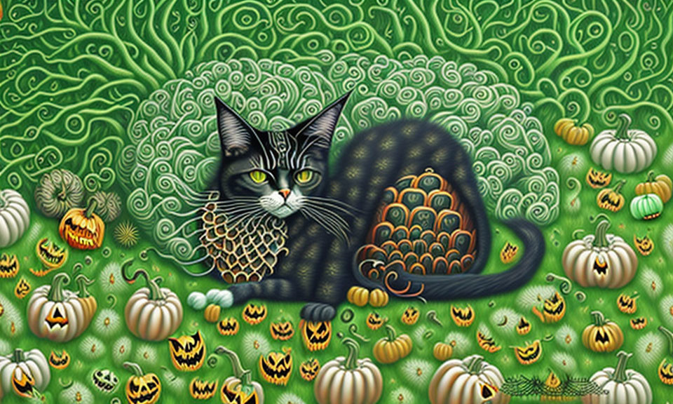 Striped Cat with Pumpkins in Halloween-themed Setting