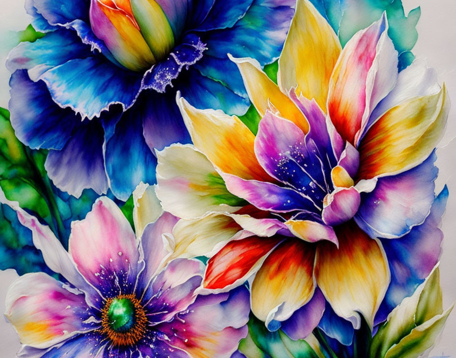 Colorful Watercolor Painting of Vibrant Flowers