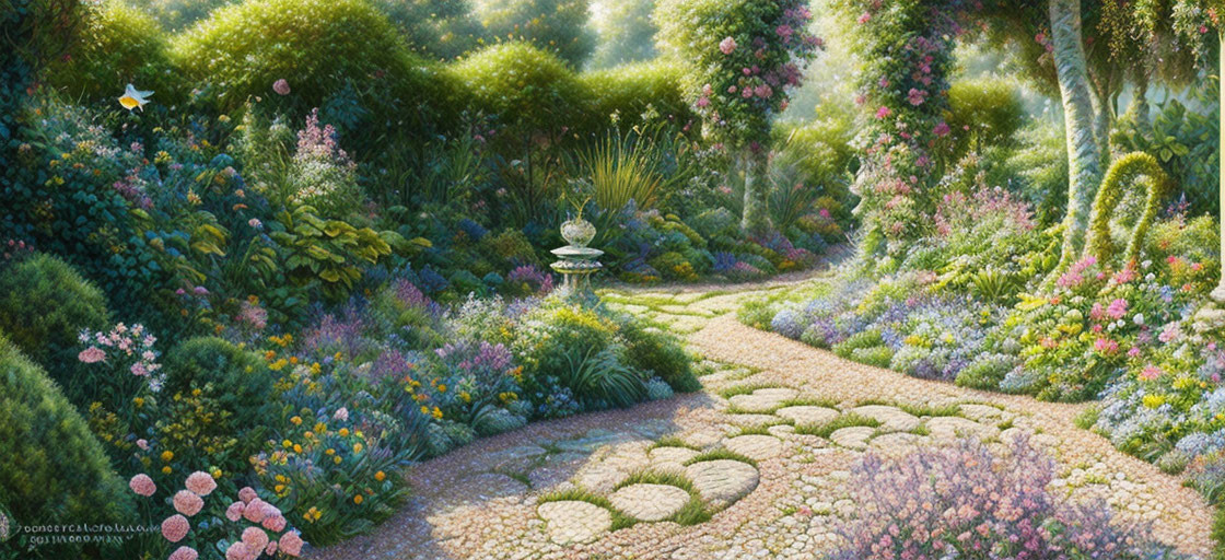 Lush Flowering Garden Path with Sundial in Warm Sunlight